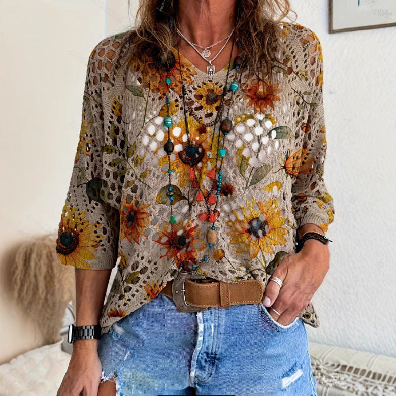 V-neck Hollow Bat Sleeve Plant Print Women's Blouse