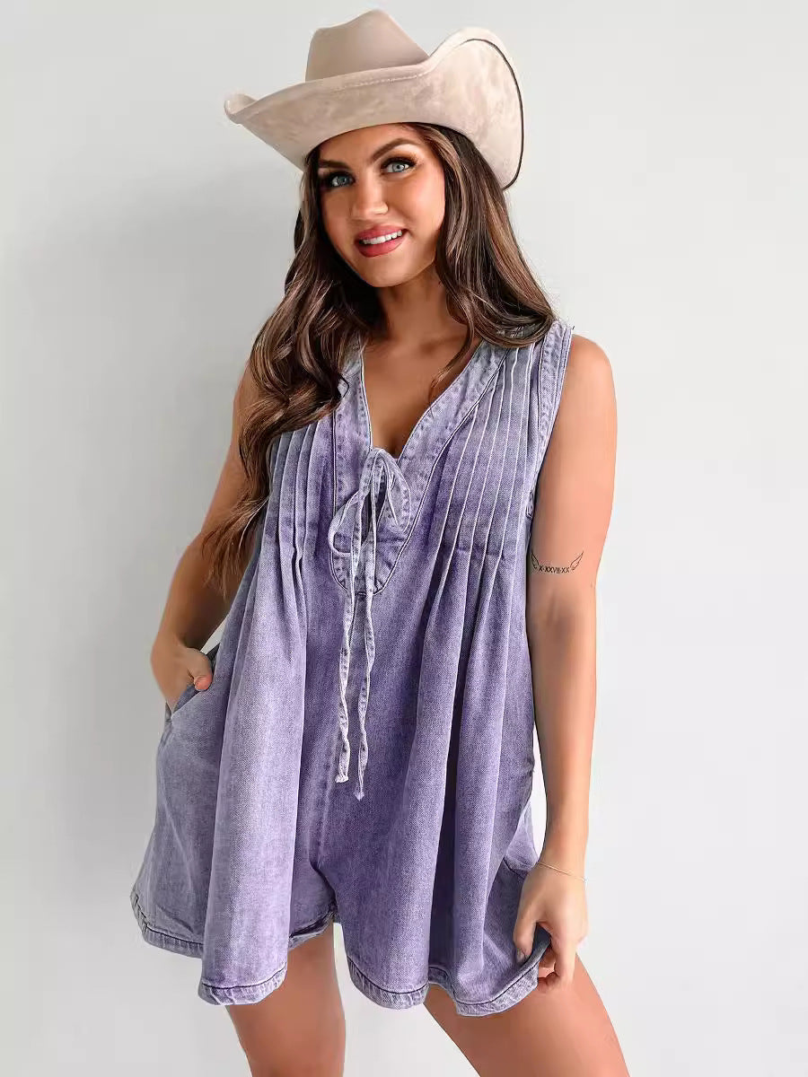 Sleeveless Tie Front Denim Romper Summer