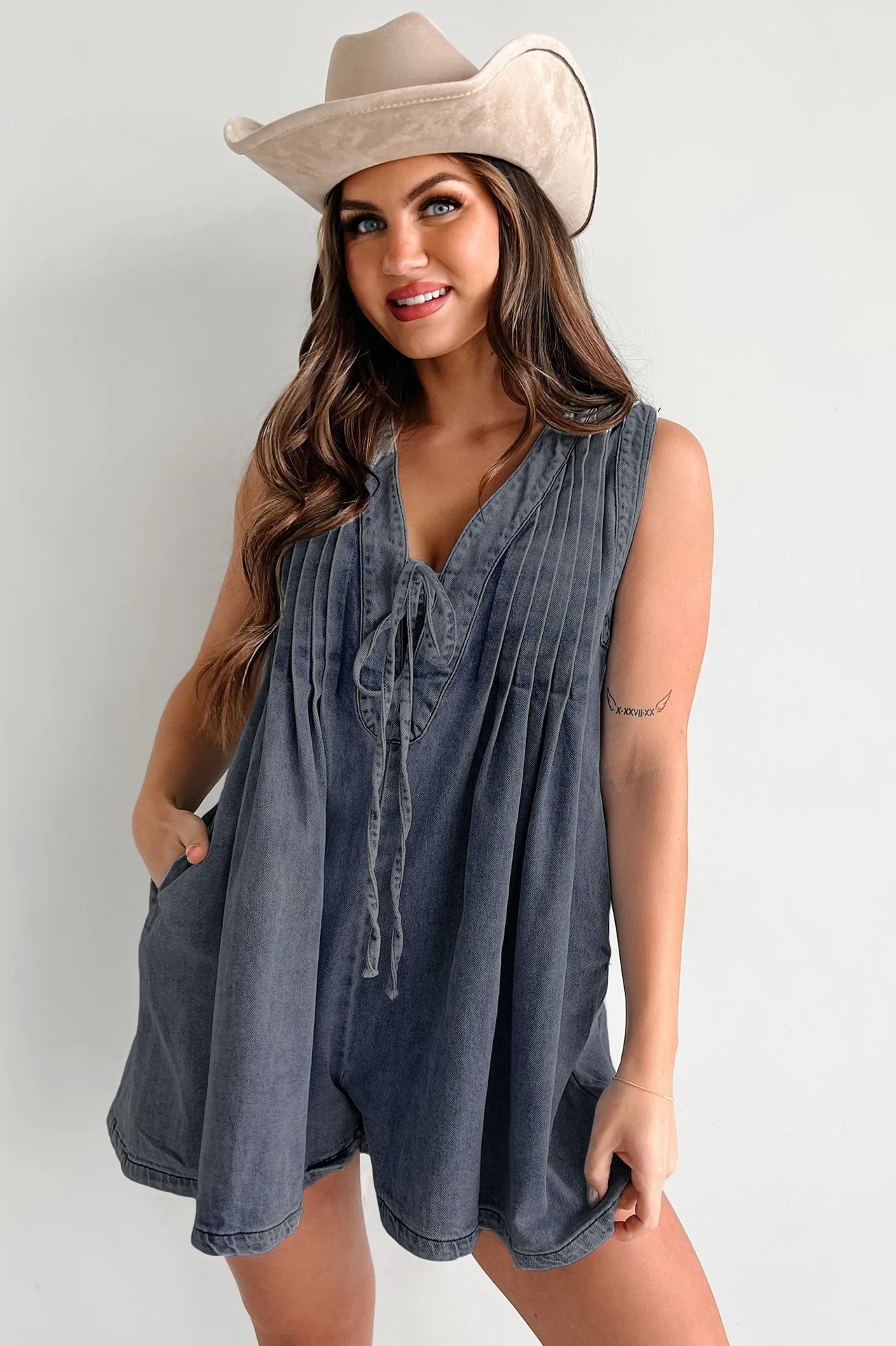 Sleeveless Tie Front Denim Romper Summer