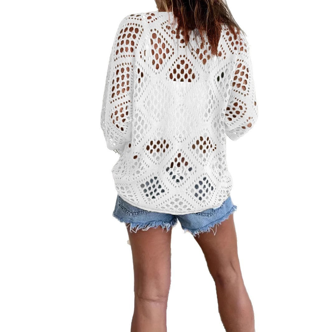 V-neck Diamond Hollow Bat Sleeve Women's Sweater