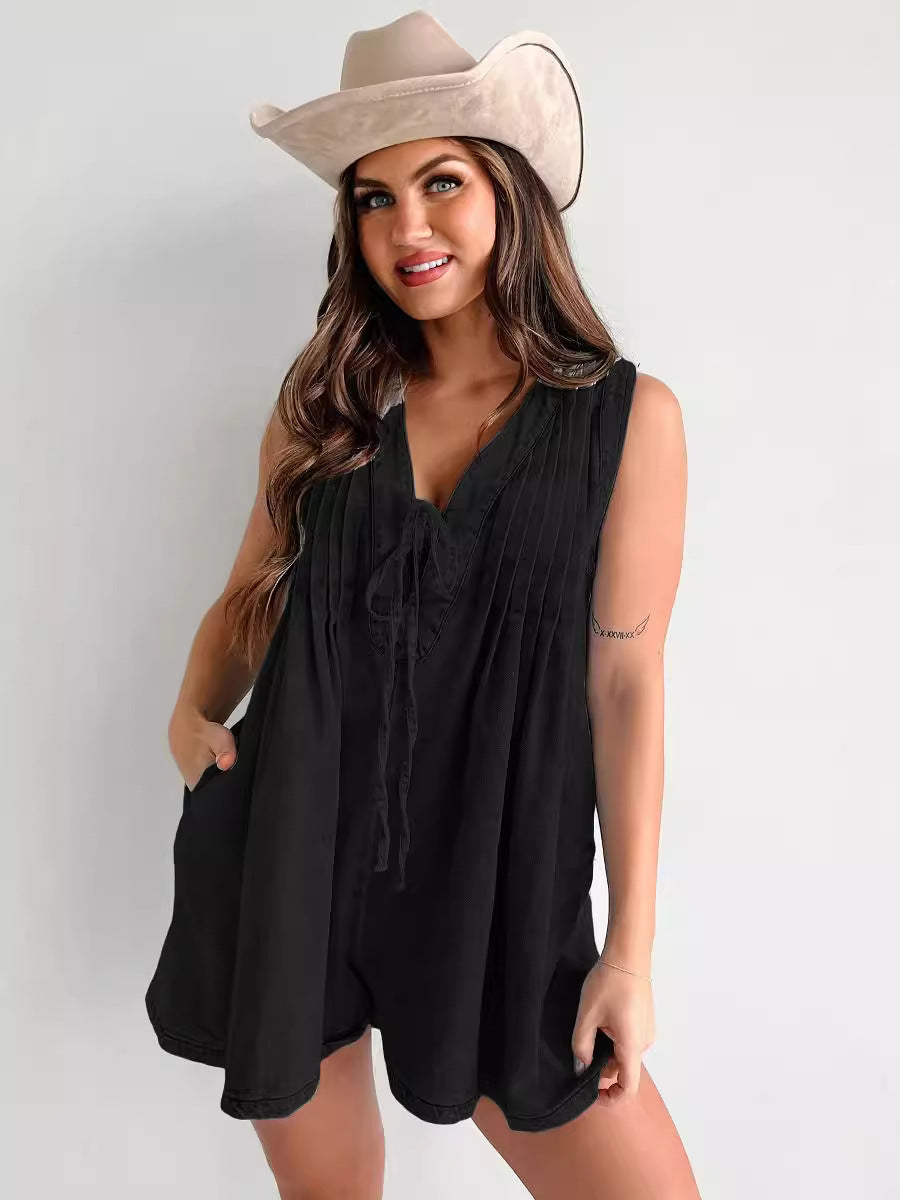 Sleeveless Tie Front Denim Romper Summer