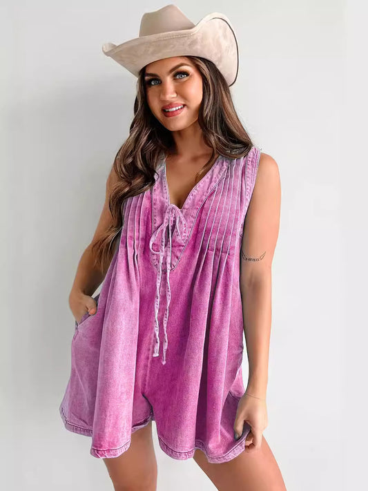 Sleeveless Tie Front Denim Romper Summer