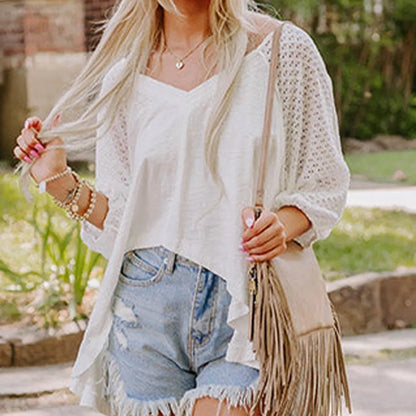 White wide-neck blouse with patchwork sleeves