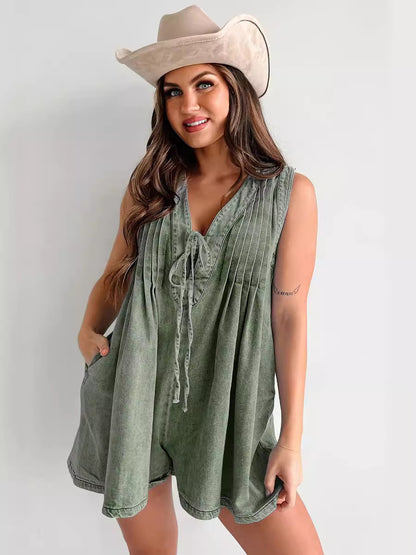 Sleeveless Tie Front Denim Romper Summer