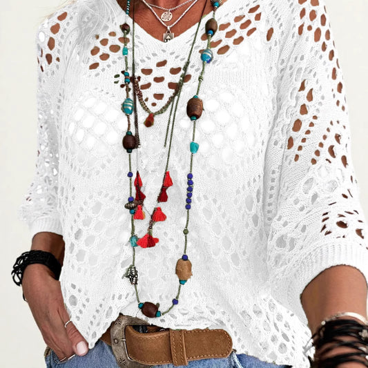 V-neck Diamond Hollow Bat Sleeve Women's Sweater