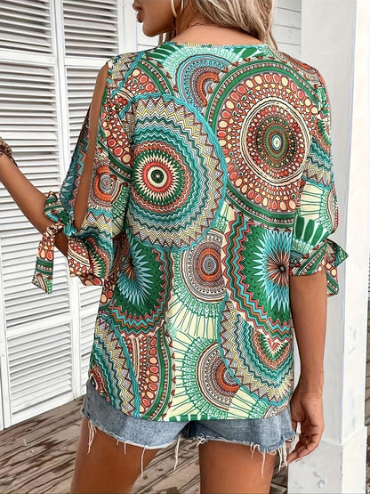 Short Sleeve Printed V-neck Pullover Casual Top Women