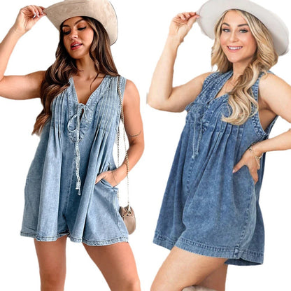 Sleeveless Tie Front Denim Romper Summer