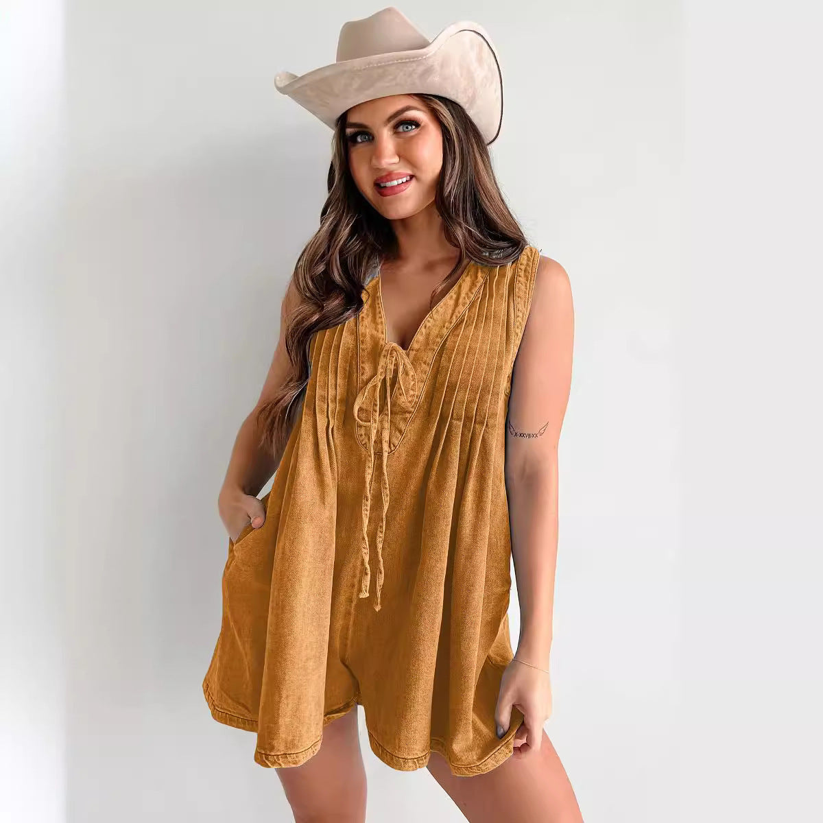 Sleeveless Tie Front Denim Romper Summer