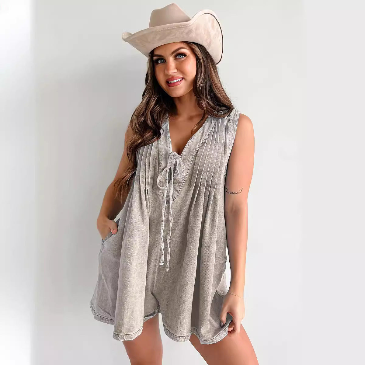 Sleeveless Tie Front Denim Romper Summer